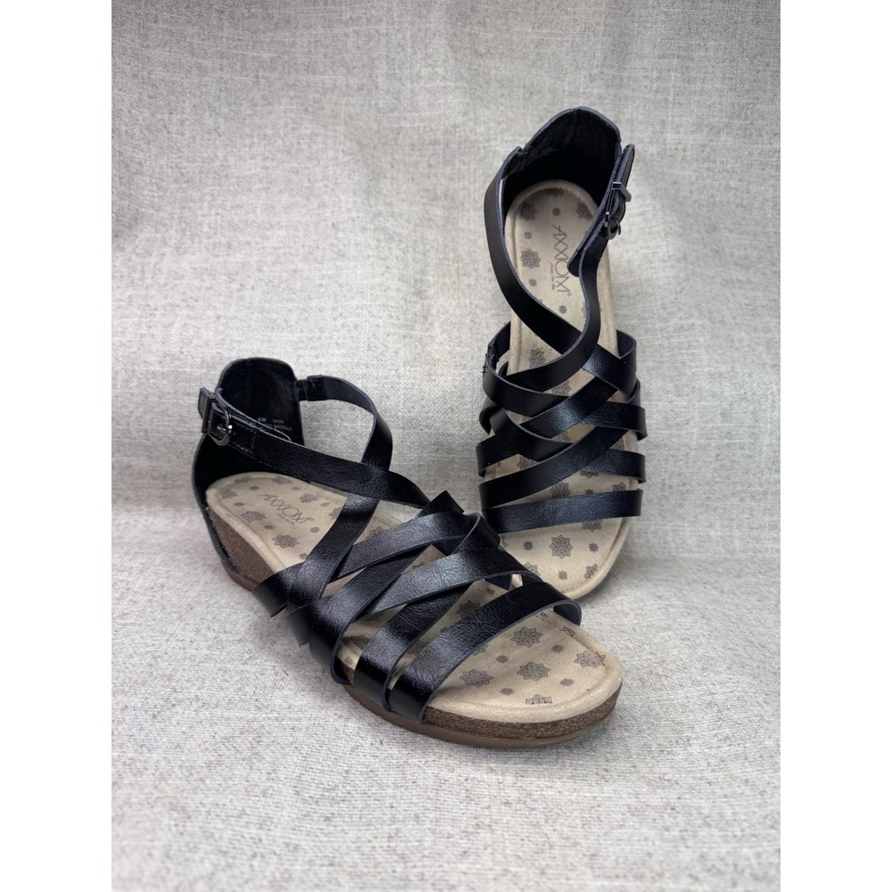 AXXIOM Black Leather Naomi Sandals Size 9 Strappy, Wedge Heel Comfort Casual